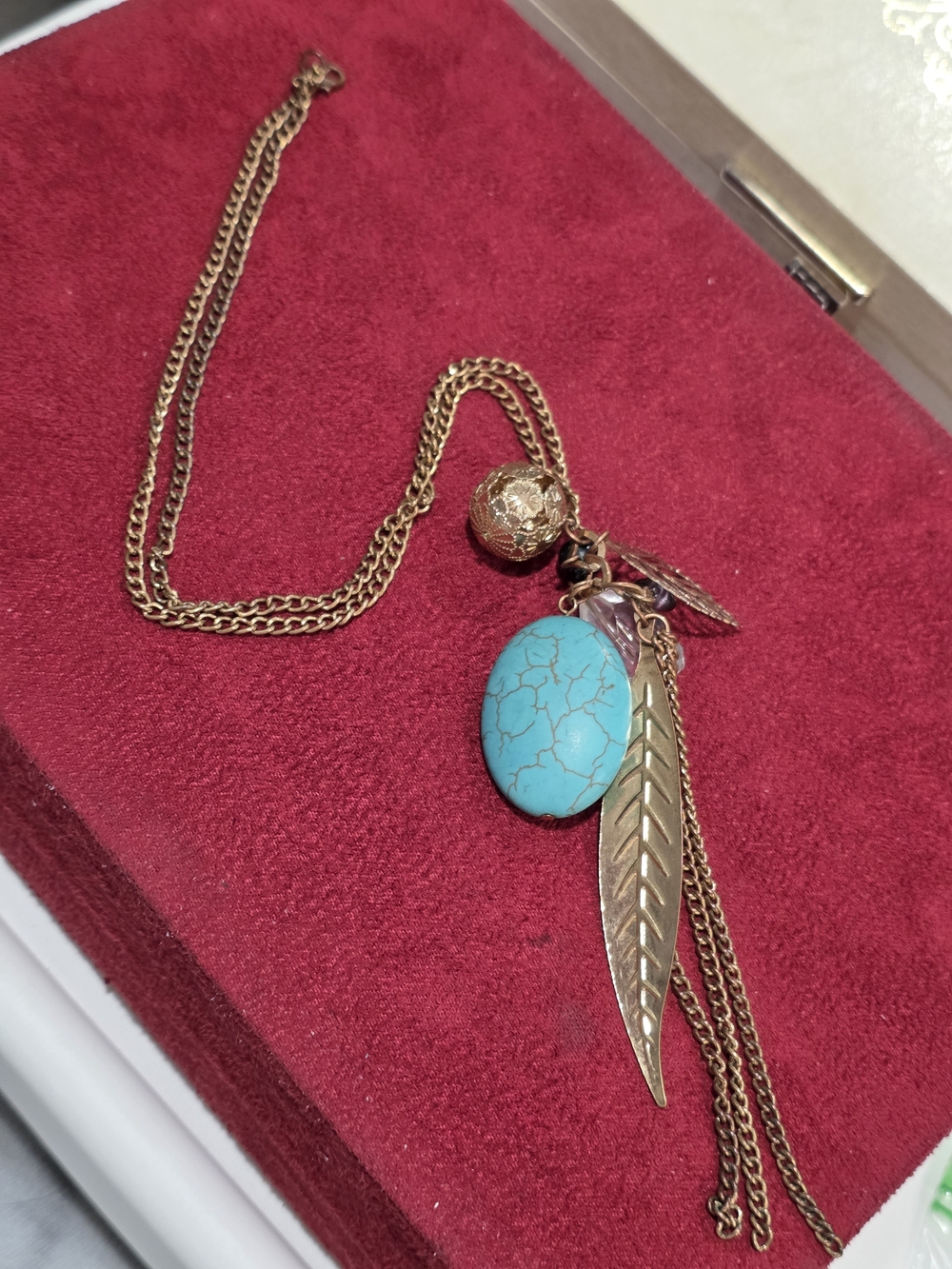21" Gold-tone Chain W/ Faux Turquoise Oval Pendant, and Variety Small Charms